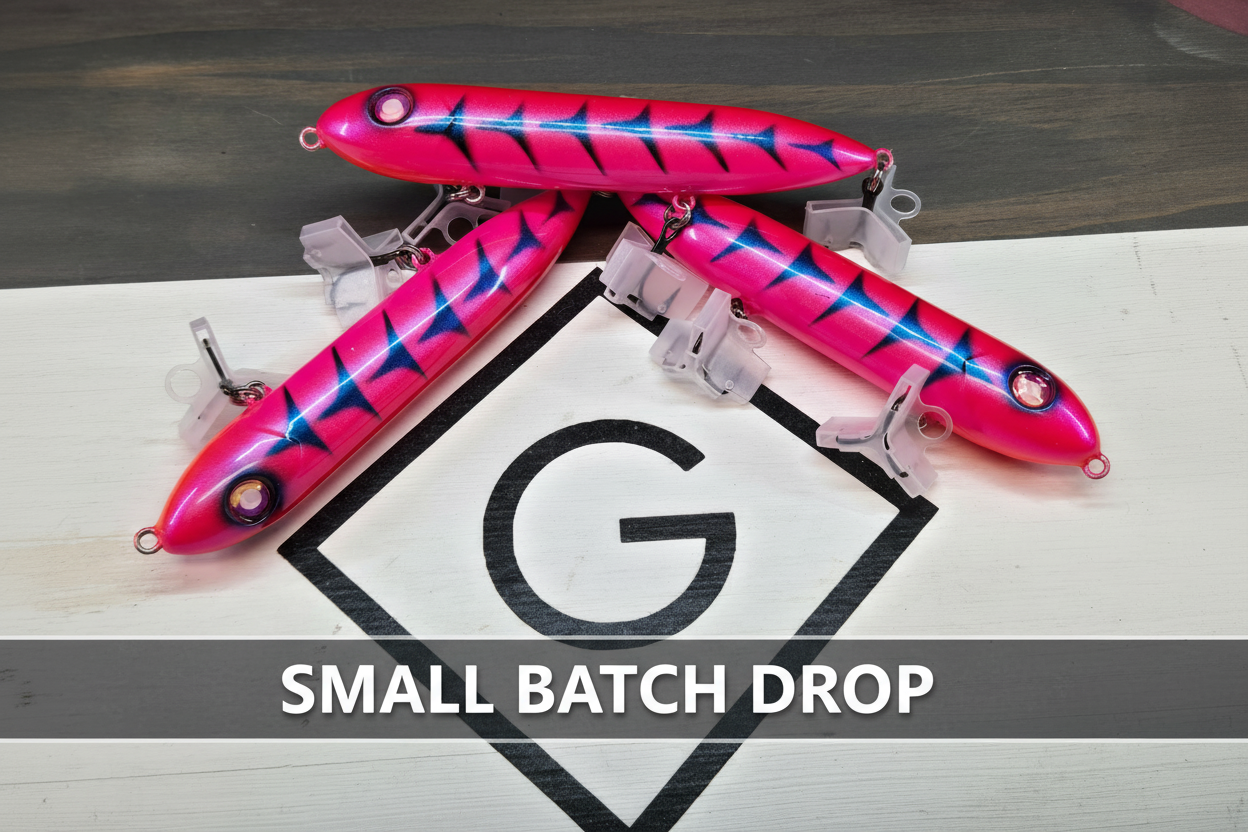 Flamingo Fury three lure display with Small Batch Drop badge